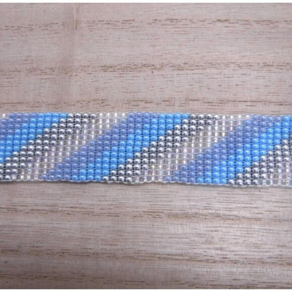 Loom Beaded Bracelet Blues & Silver w/ Vegan Leather - Picture 3 of 4